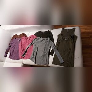 Stack of SONOMA BRAND LONG SLEEVE SHIRTS AND TWO TANK TOPS. SIZE:  SMALL.